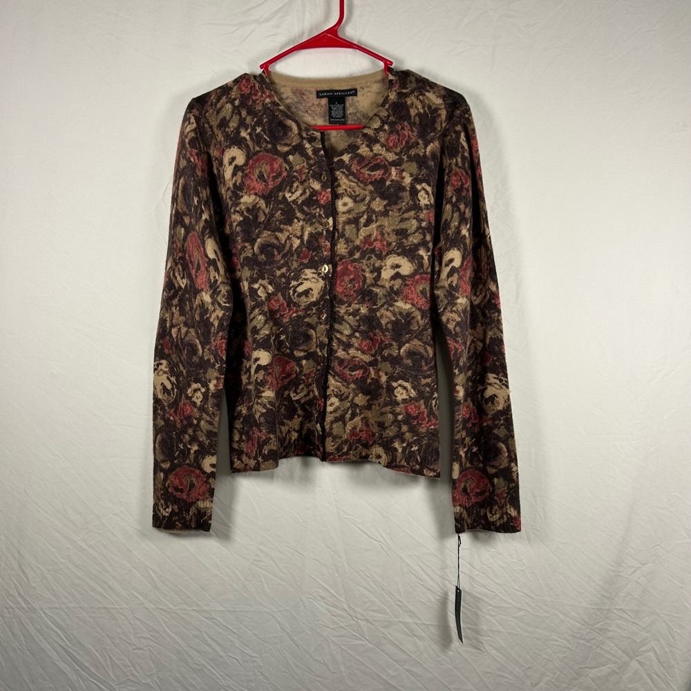Sarah Spencerโ Cardigan Women L Brown NEW Floral Lambswool Angora Y2K Sweater